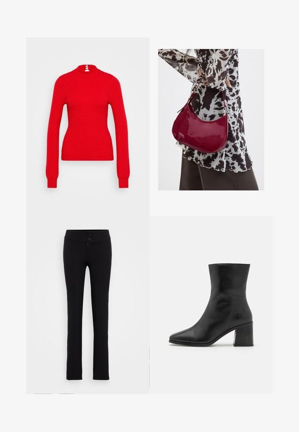 Pull à col roulé rouge côtelé avec des manches longues et une coupe ajustée. Le dos présente trois accents de boutons blancs au niveau du col.; Gina Tricot Tall LOW STRAIGHT TROUSERS - Pantalon classique - black; Bottines en cuir noir, bout pointu, texture lisse, talon bloc de hauteur intermédiaire, design minimaliste et finitions cousues le long du col.; Femme portant un chemisier à motif noir et blanc tenant un sac à main rouge brillant sur un fond uni.