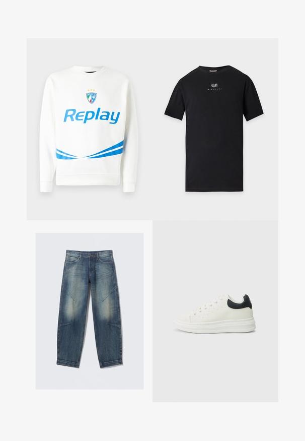 Valge pusaku featuring sinine "Replay" logo, meeskonna embleem tähtedega ning sinised diagonaalsed triibud vöökoha ja varrukate juures. Pehme tekstuur.; Must lühikeste varrukatega t-särk valge Jaapani tähtedega tekstiga ja allosas rinnal trükitud "HIROSAKI".; Hele sinised teksapüksid, mis on lõdva istuvusega, pleekinud kohtadega, ees taskud ja diagonaalsete õmblustega. Sirge jala disain.; Valge nahast toss musta kontsaga, ümarate varvaste, lame valge tallaga ja paelakinnitusega. Külgedel minimaalsete augukestega.