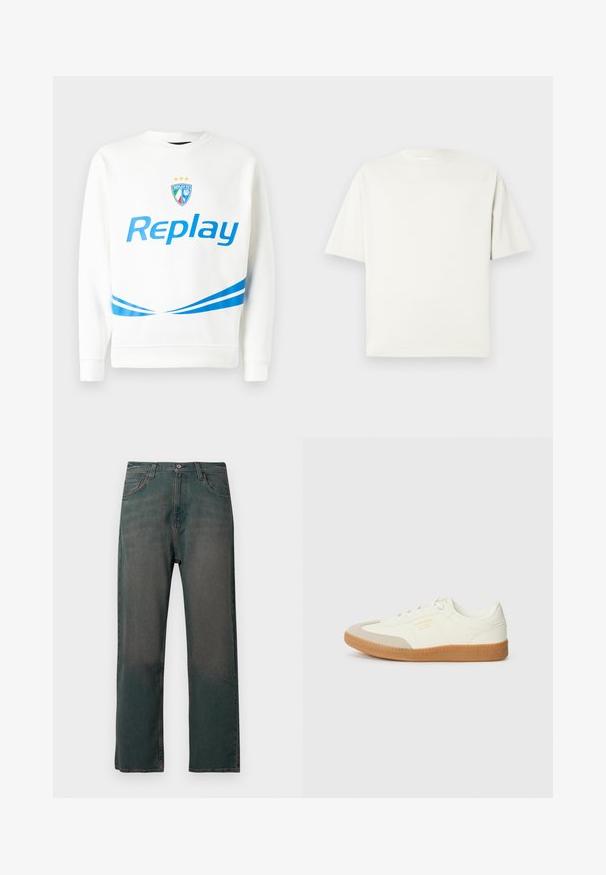 Valge pusaku featuring sinine "Replay" logo, meeskonna embleem tähtedega ning sinised diagonaalsed triibud vöökoha ja varrukate juures. Pehme tekstuur.; Lihtne valge lühikeste varrukatega crewneck T-särk, millel on mugav lõige, esitleb kerget halli tausta.; Tumedrohelised teksapüksid sirgete sääreotstega, klassikalise viie taskuga ja kontrastse õmblusega õmbluste along.; Valgedest nahast tennisekets, millel on beež peaalus ja heledast pruunist kummist talla. Omab lapikuid valgeid paelu ning embosseeritud brändimist küljel.