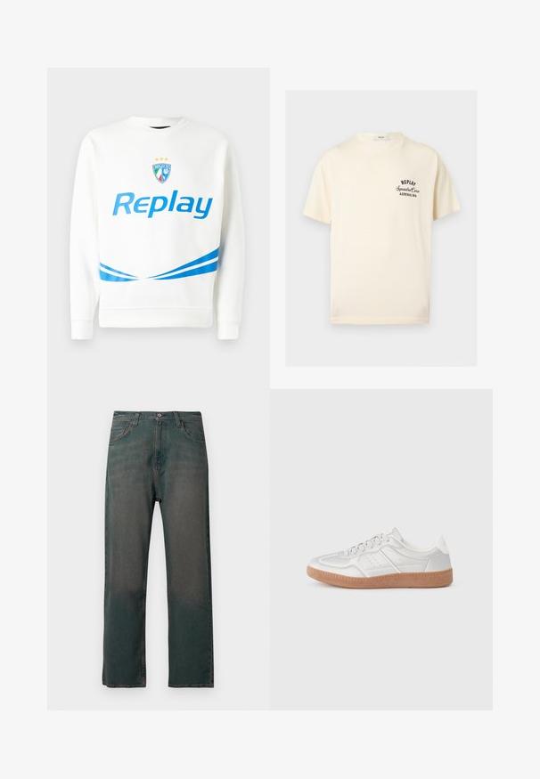 Valge pusaku featuring sinine "Replay" logo, meeskonna embleem tähtedega ning sinised diagonaalsed triibud vöökoha ja varrukate juures. Pehme tekstuur.; Kreemikas lühikeste varrukatega T-särk, millel vasakul rinnal must kiri „REPLAY Squadra Corse ADRENALINA“ ja ümar kaelus.; Tumedrohelised teksapüksid sirgete sääreotstega, klassikalise viie taskuga ja kontrastse õmblusega õmbluste along.; Hõbedased tennised, millel on sile tekstuur, nööridega disain, perforatsioonidega aktsendid ning kootud pruun kummitald.