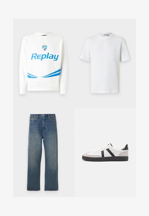 Valge pusaku featuring sinine "Replay" logo, meeskonna embleem tähtedega ning sinised diagonaalsed triibud vöökoha ja varrukate juures. Pehme tekstuur.; Valge lühikeste varrukatega vahvlilõngast ümarakaelusega t-särk, mille krae siseküljel on väike brändi sildike, esitatud ühevärvsel taustal.; Sinised sirged sääred teksad, millel on kerge kulumisjälg, viie tasku disain, vööloopide ja ees oleva nupuga kinnitamine.; Valged tossud mustade ja hallide aktsentidega, tekstureeritud halli varbakattega, musta kummitald ja lamedad valged paelad. Puhtad jooned, minimalistlik stiil.