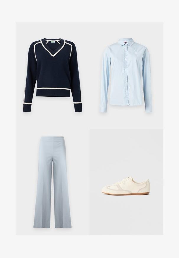 Pull bleu marine en texture tricotée avec un col en V, un passepoil blanc le long des épaules et des manches, et des poignets et ourlet côtelés.; Chemise bleu clair à manches longues avec rayures blanches verticales, boutonnée à l'avant, col pointu et petit logo sur la poitrine.; Pantalon large bleu clair à taille haute, en tissu lisse et uni, présenté sur un fond blanc uni.; Baskets couleur crème avec une tige en daim et tissu, un bout arrondi, et une semelle en caoutchouc avec un détail accent beige. Fermeture à lacets.