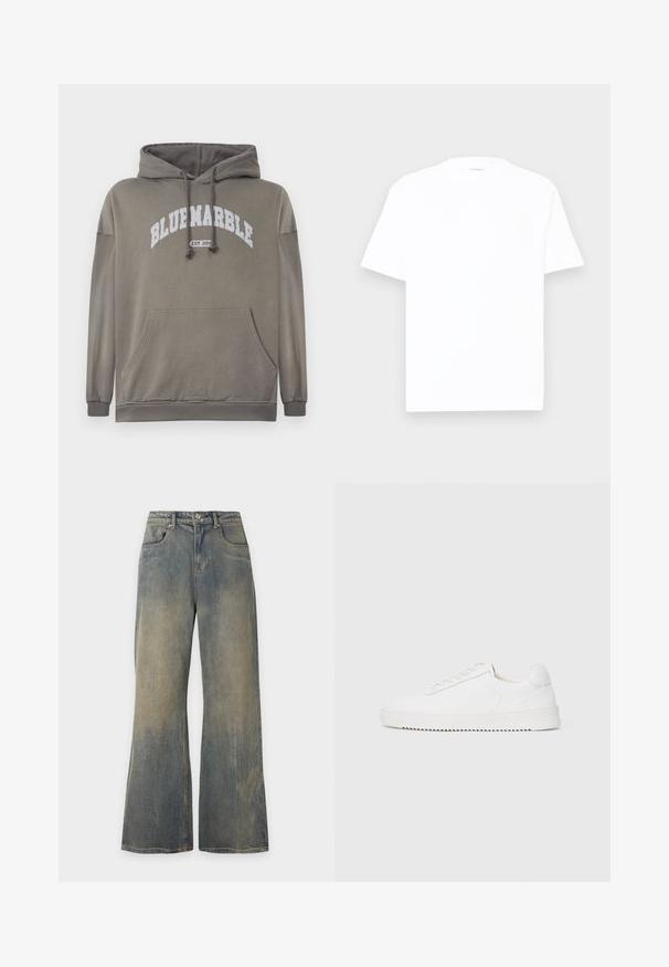 Olijfgroen hoodie met een voorzak, een capuchon met trekkoord, en een witte graphic "BLUEMARBLE EST. 2015". Beschikt over ribgebreide manchetten en zoom.; Witte katoenen t-shirt met een ronde hals, korte mouwen en een relaxte pasvorm. Gladde textuur, minimale details en geen patronen of graphics.; Wijde, vervaagde blauwe spijkerbroek met voorzakken en riemlussen, afgebeeld tegen een eenvoudige lichte achtergrond.; Witte sneaker met een gladleren bovenkant, ronde neus, veters, gestructureerde zijaccenten en een dikke rubberen zool. Minimalistisch ontwerp.