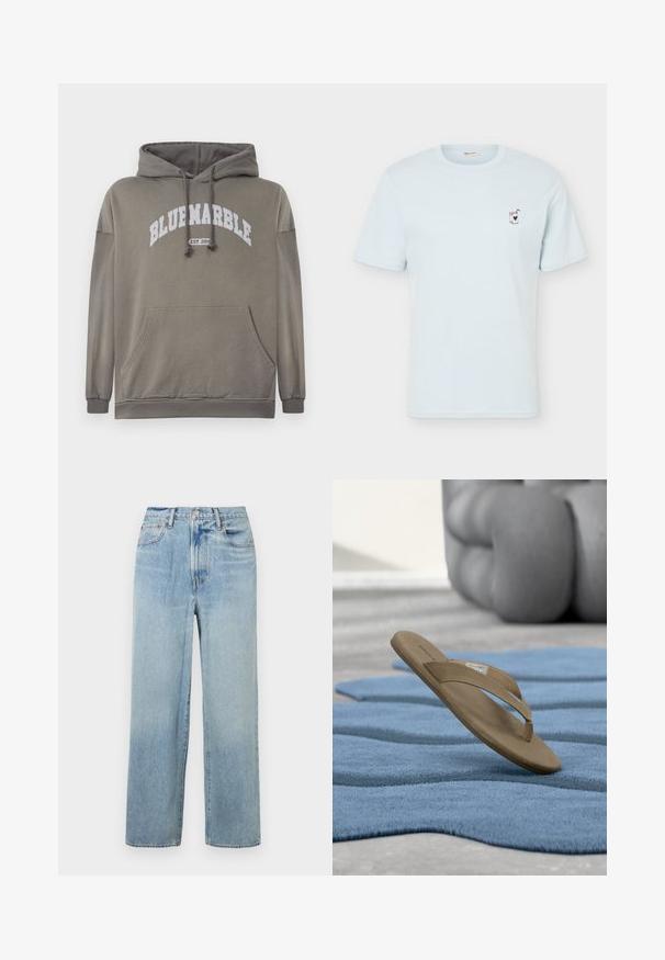 Olivgrüner Kapuzenpullover mit einer Vordertasche, Kordelzugkapuze und weißem "BLUEMARBLE EST. 2015" Aufdruck. Mit gerippten Bündchen und Saum.; Hellblaues T-Shirt mit kurzen Ärmeln mit kleinem besticktem Saftkarton und Herz auf der linken Brust, Rundhalsausschnitt, schlichtes Design.; Helle blaue, gerade geschnittene Denim-Jeans mit hoher Taille, fünf Taschen und dezenten Verwaschungen. Rohem Saum und kontrastierenden Nähten.; Braune Flip-Flop-Sandale über einem blauen strukturierten Teppich auf einem hellen Boden hängend, mit einem verschwommenen großen grauen Objekt im Hintergrund.