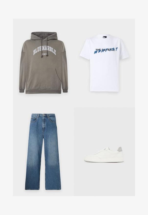 Sudadera de color verde oliva con un bolsillo frontal, capucha con cordón y gráfico blanco "BLUEMARBLE EST. 2015". Incluye puños y dobladillo acanalados.; Camiseta de algodón blanca con mangas cortas; presenta un texto gráfico en azul y negro que dice "¿QUÉ ES?" en el pecho. Textura suave.; Jeans de denim azul de pernera ancha con un diseño clásico de cinco bolsillos, cierre frontal con botón y un ligero desgastado para dar textura.; Zapatilla blanca de corte bajo con pestaña en el talón gris, cordones blancos y suela texturizada, presentada sobre un fondo claro y liso.