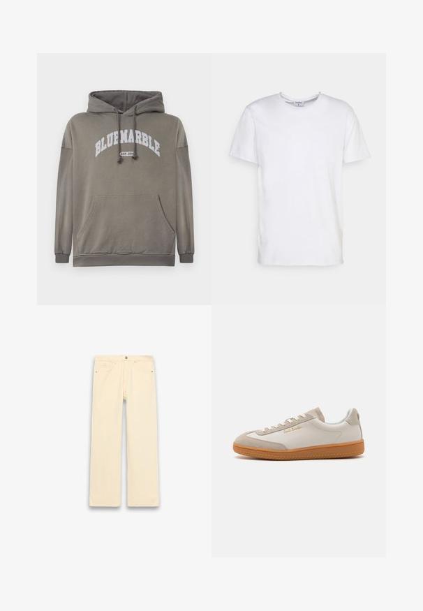 Sudadera de color verde oliva con un bolsillo frontal, capucha con cordón y gráfico blanco "BLUEMARBLE EST. 2015". Incluye puños y dobladillo acanalados.; Camiseta blanca de manga corta hecha de algodón. Presenta un escote redondo y un corte holgado, sin patrones ni acentos visibles.; Vaqueros beige de pierna recta con botón metálico, cremallera, bolsillos delanteros y traseros, y trabillas para cinturón sobre un fondo claro y liso.; Zapatilla baja en blanco y beige con suela de goma, cordones blancos, detalles de ante y el logo dorado "Paul Smith" en el lateral.