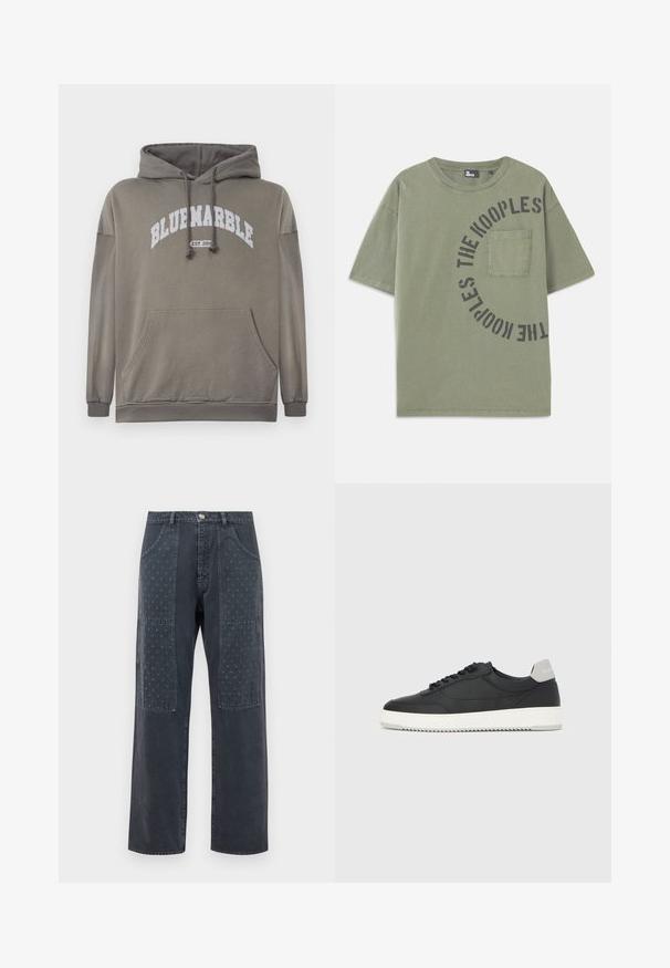 Sudadera de color verde oliva con un bolsillo frontal, capucha con cordón y gráfico blanco "BLUEMARBLE EST. 2015". Incluye puños y dobladillo acanalados.; Camiseta de algodón verde oliva de manga corta con una impresión de texto negro en forma circular. Presenta un bolsillo en el pecho y un cuello redondo.; Vaqueros gris oscuro con corte de pierna ancha, que presentan parches decorativos en la parte frontal con un sutil patrón floral y detalles de bolsillo estándar.; Zapatilla deportiva negra de caña baja con suela blanca y lengüeta gris en el talón, vista lateral sobre un fondo blanco liso.