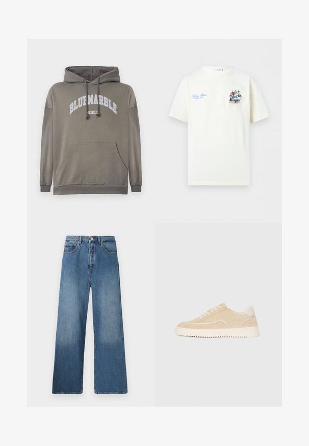 Olijfgroen hoodie met een voorzak, een capuchon met trekkoord, en een witte graphic "BLUEMARBLE EST. 2015". Beschikt over ribgebreide manchetten en zoom.; Witte T-shirt met korte mouwen en blauwe tekst "Filling Pieces Breaking Bread" en een kleine afbeelding van diverse mensen die rond een tafel zitten.; Lange blauwe denim jeans met een klassiek vijf-pocket ontwerp, voor sluiting met een knoop en een lichte vervaging voor textuur.; Beige suède sneaker met witte zool en veters, low-top ontwerp en zigzagprofiel op de zool.