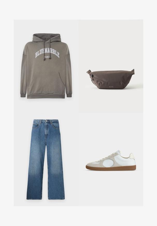 Oliven grøn hættetrøje med lommer foran, snoretræk i hætten og hvid "BLUEMARBLE EST. 2015" grafik. Har ribbede manchetter og kant.; Bredde ben blå denim jeans med et klassisk fem-lomme design, frontlukning med knap og let falming for tekstur.; Lavprofil casual sneaker med hvidt læderoverdel, lysebeige ruskind accents, rund tå, hvide snørebånd og gummisål.; Mørkebrun stof talje taske med diagonalt lynlåslomme og lille hvidt logo på fronten, sat mod en ensfarvet lys baggrund.