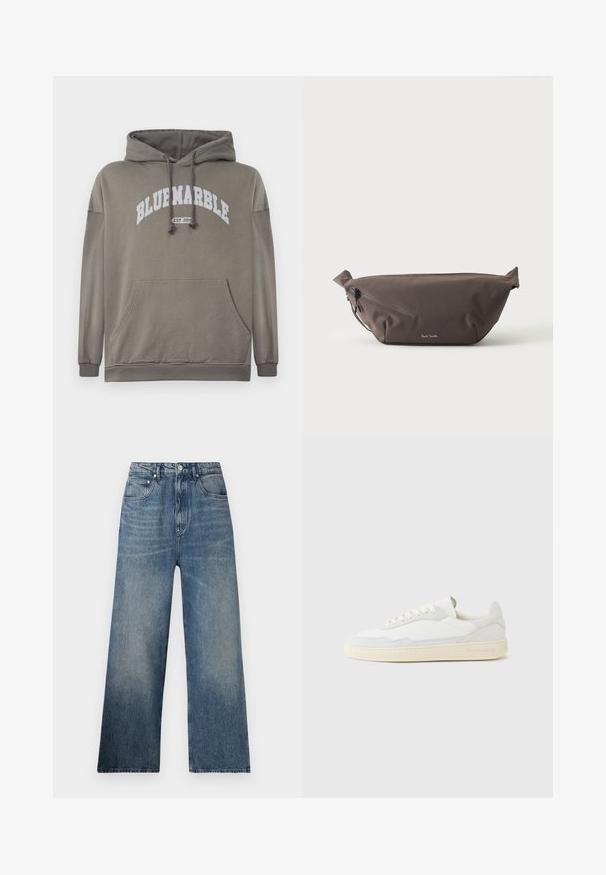 Olijfgroen hoodie met een voorzak, een capuchon met trekkoord, en een witte graphic "BLUEMARBLE EST. 2015". Beschikt over ribgebreide manchetten en zoom.; Blauwe denim wijdgerande jeans met een hoge taille, voorzien van subtiele vervaging, vijf zakken en een metalen knoopsluiting aan de voorkant.; Witte sneaker met een bovenwerk van gestructureerd suède en leer. Voorzien van een afgeronde neus, vetersluiting en een contrasterende beige rubberen zool.; Donkerbruine stoffen heuptas met diagonale ritssluiting en klein wit logo aan de voorkant, tegen een effen lichte achtergrond.