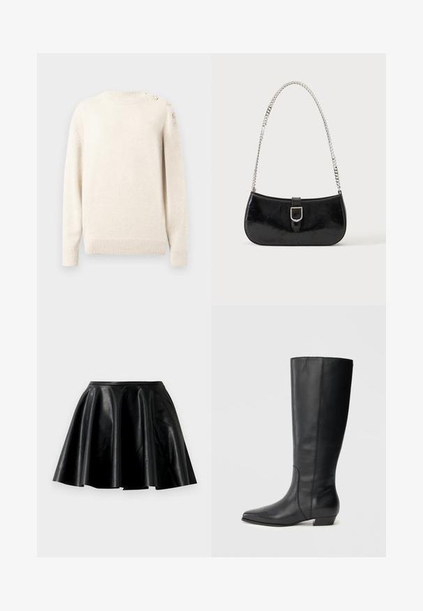 Pull en maille couleur crème avec manches longues, poignets et ourlet côtelés, et boutons décoratifs en forme d'étoile sur l'épaule gauche.; Jupe évasée en cuir noir au toucher lisse, avec un ourlet large et une taille ajustée. La surface a un éclat subtil et ne présente aucun embellissement visible.; Bottes en cuir noires montant jusqu'aux genoux, avec bout pointu et talon bas carré, présentant une texture lisse et un design épuré et élégant.; Sac à épaule en cuir verni noir avec détail de boucle argentée et bandoulière en chaîne argentée, présenté sur un fond uni clair.