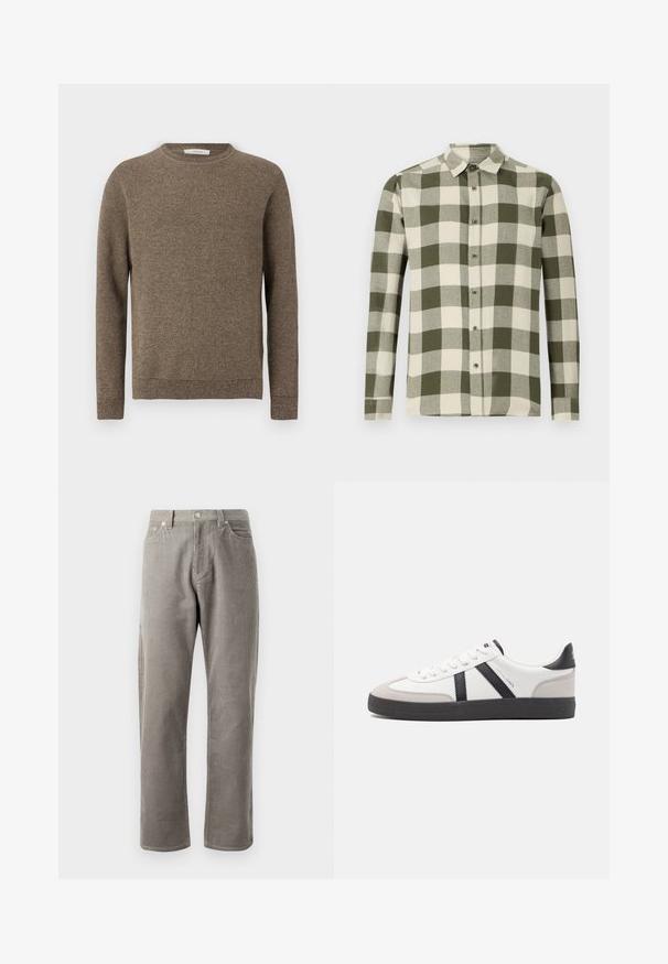 Brauner strukturierter Pullover mit langen Ärmeln, Rundhalsausschnitt und gerippten Bündchen und Saum.; Langarmhemd in einem grün-cream karierten Muster, aus leichtem Stoff, mit einem Button-Down-Kragen und vorderer Knopfleiste.; Grau karierte Hose mit geradem Schnitt, einem hohen Bund, frontalen Taschen und subtiler vertikaler Rippstruktur.; Weiße Sneaker mit schwarz- und grau-aczenten, ausgestattet mit einer strukturierten grauen Zehenkappe, schwarzer Gummi-Sohle und flachen weißen Schnürsenkeln. Sauberes Design, minimalistische Stil.