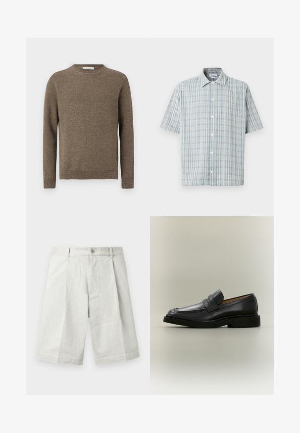 Suéter de punto texturizado en marrón, de manga larga, con cuello redondo y puños y dobladillo acanalados.; Camisa de manga corta con estampado a cuadros en azul y blanco, cuello abierto y botones blancos en la parte delantera.; Shorts gris claro hechos de tela texturizada, con cierre de botón, pliegues y corte recto, adecuados para uso casual.; Mocasín de hombre de cuero negro con tacón bajo y detalle de correa en la parte superior, mostrado de perfil sobre un fondo neutro.
