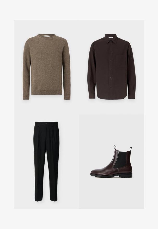 Brun tekstureret strikket langærmet sweater med rund hals og ribbede manchetter samt kant.; Langærmet skjorte i mørkebrun bomuld med spids krave, forlommer og klassisk knaplukning foran.; Sorte, skræddersyede bukser med høj talje, bæltestropper, forreste læg, sidelommer samt knap- og lynlåslukning.; Brune læder Chelsea-støvle med elastisk sidepanel, løkke-håndtag, glat overflade, rund tå og gummisål.