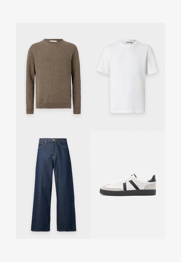 Suéter de punto texturizado en marrón, de manga larga, con cuello redondo y puños y dobladillo acanalados.; Camiseta blanca de manga corta con cuello redondo y tejido de waffle, con una pequeña etiqueta de la marca en el interior del cuello, mostrada sobre un fondo liso.; Jeans de pierna ancha hechos de mezclilla oscura con costuras naranjas, con cinco bolsillos, cierre frontal de botones y una silueta recta.; Zapatilla blanca con acentos en negro y gris, que presenta una puntera texturizada en gris, suela de goma negra y cordones planos blancos. Diseño limpio, estilo minimalista.