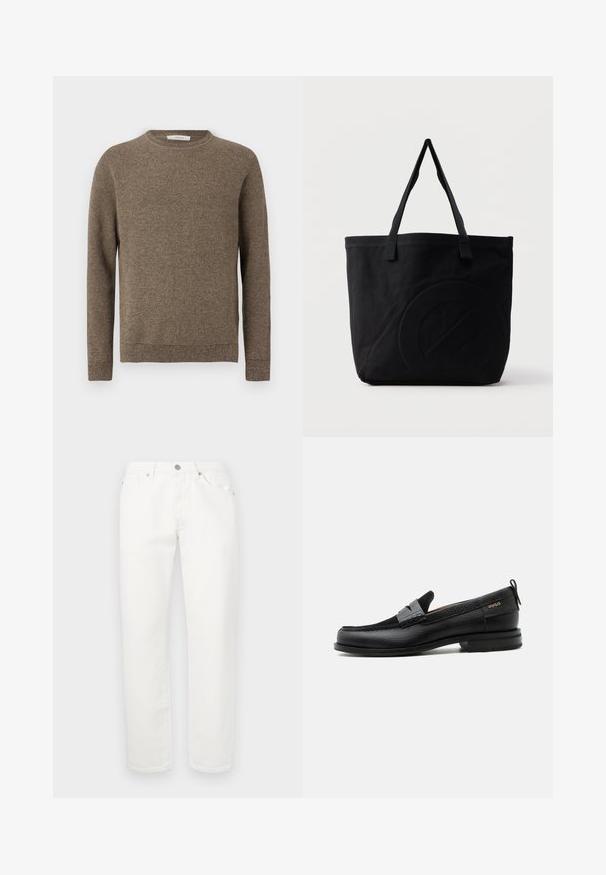 Pull en tricot marron texturé à manches longues avec col rond et poignets et ourlet côtelés.; Pantalon en denim blanc avec une coupe droite. Il comporte une disposition traditionnelle à cinq poches, une fermeture à bouton métallique et une légère texture.; Mocassin en cuir noir avec détail de bride grise, talon bas et semelle texturée, marqué "HUGO" en or sur le côté.; Sac fourre-tout en toile noire avec deux bandoulières et un motif circulaire discret en relief sur le devant.