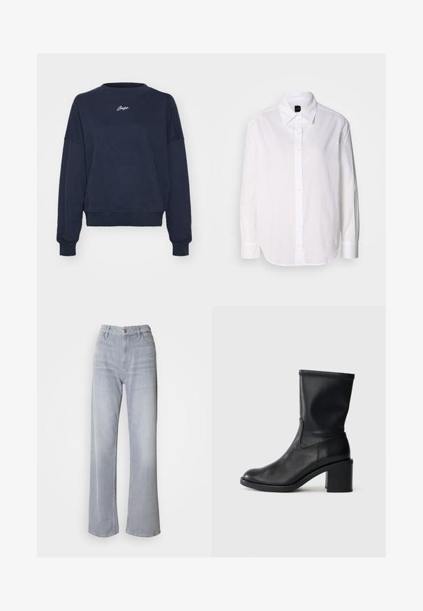 Marineblå sweatshirt lavet af blødt bomuld, med rund hals, sænkede skuldre og broderet logo på brystet. Casual pasform, ribbede manchetter.; Hvid langærmet skjorte med knaplukning lavet af let materiale. Har en klassisk krave, knaplukning foran og manchetter.; Lys grå vidde jeans med høj talje, lavet af denim. Har forlommer, lynlås og subtil falmen over det hele.; Sort læder ankelstøvle med rund tå, glat tekstur og en grov hæl, der har et tætsiddende skaft og subtil syning.