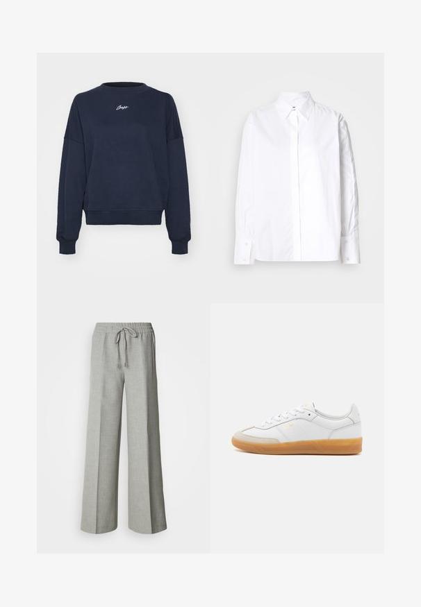 Marineblå sweatshirt lavet af blødt bomuld, med rund hals, sænkede skuldre og broderet logo på brystet. Casual pasform, ribbede manchetter.; Hvid skjorte med klassisk krave, lange ærmer og manchetter. Fremstillet af glat stof, den har en midt foran placket.; Lysegrå bukser med brede ben, elastisk taljebånd med snøre, forlommer og et subtilt tekstureret stof.; Hvide lædersneakers med beige ruskindsdetaljer, gummisål og snøredesign. Har diskret branding i guld.