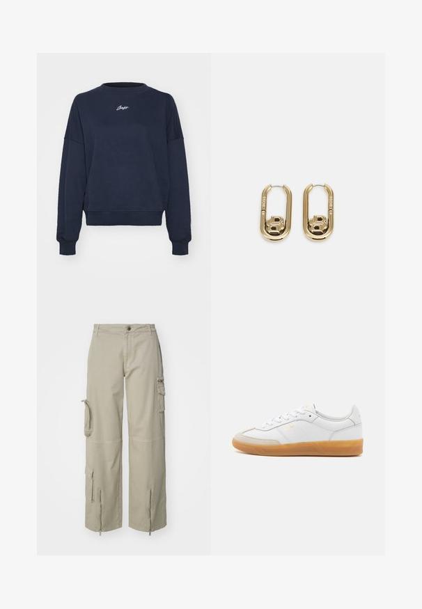Marineblå sweatshirt lavet af blødt bomuld, med rund hals, sænkede skuldre og broderet logo på brystet. Casual pasform, ribbede manchetter.; Beige cargo bukser lavet af bomuld. Har store sidelommer, lynlåsåbninger ved manchetterne og et afslappet, bredt ben-design.; Hvide lædersneakers med beige ruskindsdetaljer, gummisål og snøredesign. Har diskret branding i guld.; BOSS DOUBLE B SWING - Øreringe - gold-coloured