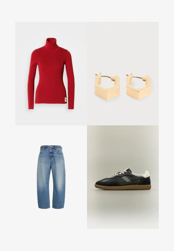 Pull en maille côtelée rouge avec un col roulé, à manches longues et une silhouette ajustée, présentant une petite étiquette de logo sur le côté inférieur et une texture lisse.; Jean bleu taille haute à jambes larges avec poches avant, fermeture par bouton et zip, montrant des détails délavés sur les cuisses.; Baskets basses noir et blanc avec semelle en gomme, lacets blancs, panneaux latéraux perforés et col de talon rembourré blanc.; Une paire de petites boucles d'oreilles géométriques en ton or avec des bords angulaires et des fermoirs à tige sur un fond clair.