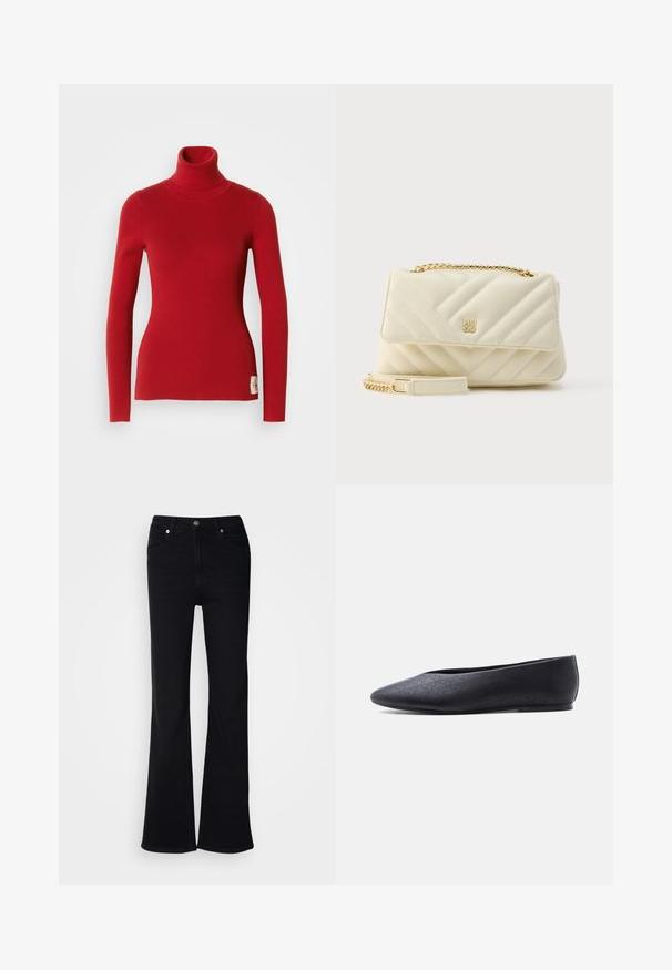 Rød ribbet turtleneck sweater med lange ærmer og en tætsiddende silhuet, med et lille logomærke på den nederste side og en glat tekstur.; Sorte flared jeans lavet af denim, med knap- og lynlåslukning, fem lommer og en glat tekstur.; Sort flad balletsko med spids tå og subtilt perforeret mønster, vist fra siden på ensartet hvid baggrund.; Quiltet creamhåndtaske med guldkæde og logodetalje. Har klaplukning, glat tekstur og diagonale stingmønstre.
