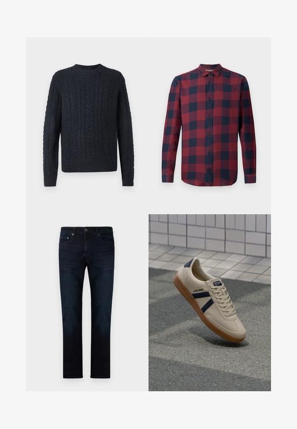 Dunkelblauer Strickpullover mit strukturiertem Zopfstrickmuster, rundem Ausschnitt sowie geripptem Saum und Bündchen. Weicher Stoff, lange Ärmel.; Rot-kariertes Langarmhemd in Marineblau mit Button-Down-Kragen und dunklen Knöpfen. Hergestellt aus leichtem Stoff mit glatter Textur.; Dunkelblaue Jeans aus Denim mit geradem Bein, vorne mit Taschen, einem subtilen Ausbleichen und einem Metallknopfverschluss am Bund.; Beige Sneaker mit strukturierter Oberfläche, dunkelblauen Streifen und Gummisohle. Verfügt über eine gepolsterte Zunge und ein traditionelles Schnürsystem für einen sicheren Sitz.
