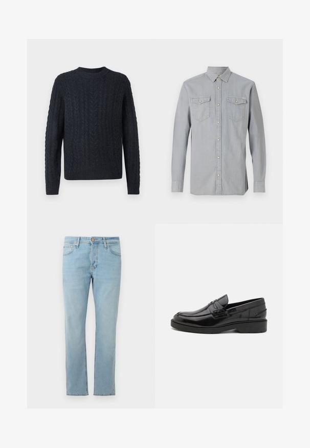 Suéter de punto azul marino oscuro con un patrón de trenzado texturizado, cuello redondo y bajo y puños acanalados. Tela suave, mangas largas.; Camisa vaquera de manga larga color gris claro, con cierre de botones en la parte delantera, dos bolsillos en el pecho con solapas y botones, y cuello puntiagudo.; Vaqueros de mezclilla azul claro con corte recto, cinco bolsillos y cierre de botón en la cintura, mostrados de forma plana sobre un fondo blanco.; Mocasines de cuero negro con un acabado suave, punta redondeada, tacón bajo y costura decorativa en la parte delantera. Suela de goma para mayor agarre.