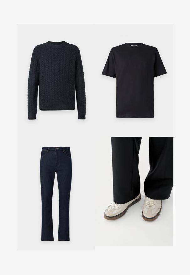 Dunkelblauer Strickpullover mit strukturiertem Zopfstrickmuster, rundem Ausschnitt sowie geripptem Saum und Bündchen. Weicher Stoff, lange Ärmel.; Schwarzes kurzärmliges T-Shirt aus Baumwolle mit einem Rundhalsausschnitt und klassischem Schnitt, ohne Muster oder sichtbare Markenlogo.; Dunkelblaue Jeans mit geradem Bein, Vordertaschen, Gürtelschlaufen und Knopfverschluss.; Füße mit beigen Sneakers mit braunen Sohlen und schwarzen Hosen mit weitem Bein auf weißem Hintergrund.