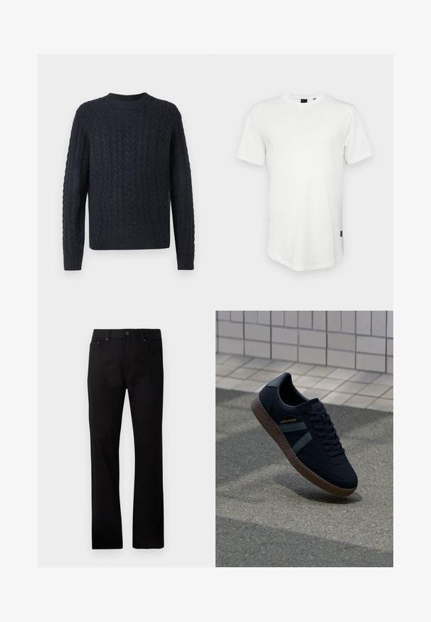 Dunkelblauer Strickpullover mit strukturiertem Zopfstrickmuster, rundem Ausschnitt sowie geripptem Saum und Bündchen. Weicher Stoff, lange Ärmel.; Weißes T-Shirt mit kurzen Ärmeln aus Baumwolle, mit Rundhalsausschnitt und einem leicht verlängerten Rückenteil, sowie einem kleinen Logo-Akzent an der Seite.; Schwarze gerade Jeans aus Denim, mit einem Frontknopfverschluss, zwei Seitentaschen und einer glatten Textur.; Schwarze Sneaker mit strukturierter Oberfläche, dunkelgrünen Streifen und brauner Gummisohle. Mit Schnürung und Branding an der Seite.