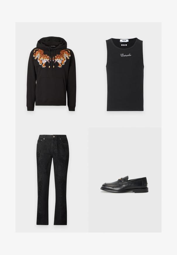 Sweat à capuche noir avec deux tigres orange brodés se faisant face sur la poitrine et une poche kangourou à l'avant.; Débardeur noir sans manches en tissu côtelé avec le texte "Endorphin" brodé en blanc et une étiquette de marque MSGM au niveau de l'encolure.; Jean noir à jambes droites avec un motif jacquard floral subtil, bouton à l'avant, passants de ceinture, et conception à cinq poches.; Des mocassins en cuir noir présentent un bout arrondi, des détails cousus et un petit accent doré à l'avant. La semelle est plate et discrète.