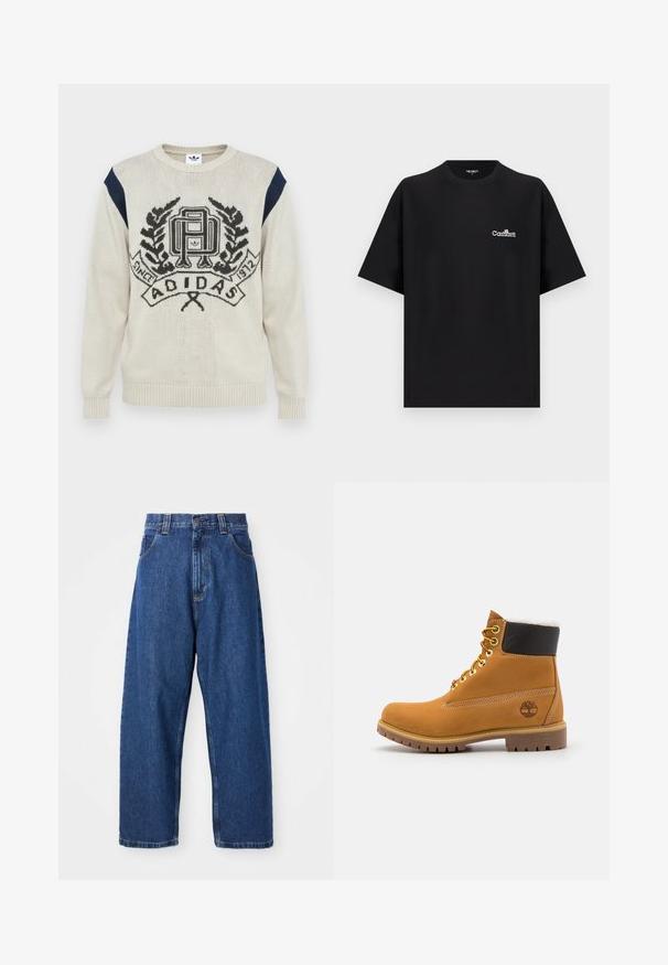 Crème kleurige gebreide trui met marineblauwe accenten. Heeft een opvallend zwart logo en een decoratief lauwerkranspatroon. Geribde manchetten en onderkant.; Zwart oversized T-shirt met korte mouwen en een wit Carhartt-logo op de linkerborst, ronde hals, weergegeven op een effen lichte achtergrond.; Denim wijde broek in donkerblauw. Kenmerken zijn een hoge taille, riemlussen en een klassiek vijf-pocket ontwerp. Gestikte zoom met een schone afwerking.; Bruine leren enkellaars met metalen oogjes, witte faux bont voering, zwarte gewatteerde kraag, robuuste zool en een reliëflogo aan de zijkant.