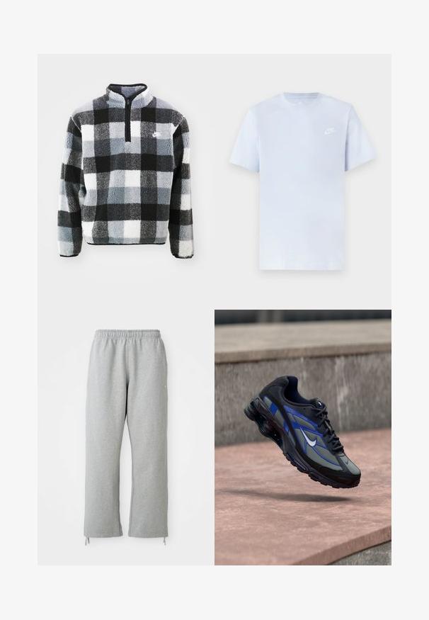 Fleece pullover med halvlukning, der har et sort, hvidt og gråt rutig mønster, tekstureret overflade og lille logo på brystet.; Lyseblå bomulds t-shirt med korte ærmer, rund hals og et hvidt Nike-logo trykt på venstre bryst. Glat tekstur, simpelt design.; Grå sweatpants med elastisk talje, lige ben og snoretræk ved kanten. Fremstillet af blødt, struktureret stof.; Sort og blå atletiksko med hvidt logo, svævende over en rosa-lignende stensurface med en grå betonbaggrund.