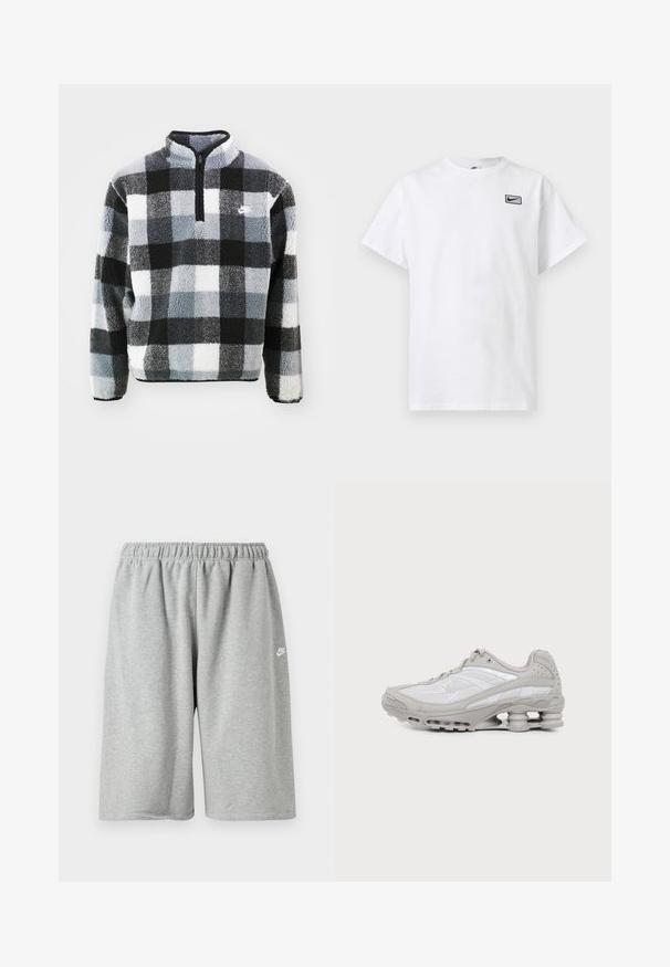 Fleece pullover med halvlukning, der har et sort, hvidt og gråt rutig mønster, tekstureret overflade og lille logo på brystet.; Hvid T-shirt med korte ærmer og rund hals med lille sort Nike swoosh-logo i en rektangel på venstre bryst.; Grå bomuldsshorts med elastik i taljen, med løs pasform og et lille hvidt logo nær kanten. Glat tekstur, længde over knæet.; Grå og hvid atletiksko med synlig luftpolstret sål og mesh-paneler, vist i profil på en ensartet lys baggrund.