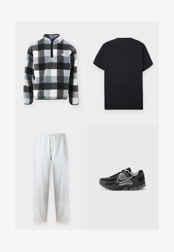 Sudadera de forro polar con media cremallera, que presenta un patrón de cuadros en negro, blanco y gris, superficie texturizada y pequeño logo en el pecho.; Camiseta negra de manga corta Nike con cuello redondo y pequeño logotipo negro de Nike centrado en el pecho.; Pantalones deportivos grises hechos de tela suave, con una cintura elástica con cordón y piernas rectas. No se observan patrones ni detalles.; Zapatilla deportiva negra con paneles de malla y detalles sintéticos. Presenta una punta redondeada, suela gruesa acolchada y detalles de logo en blanco que contrastan.