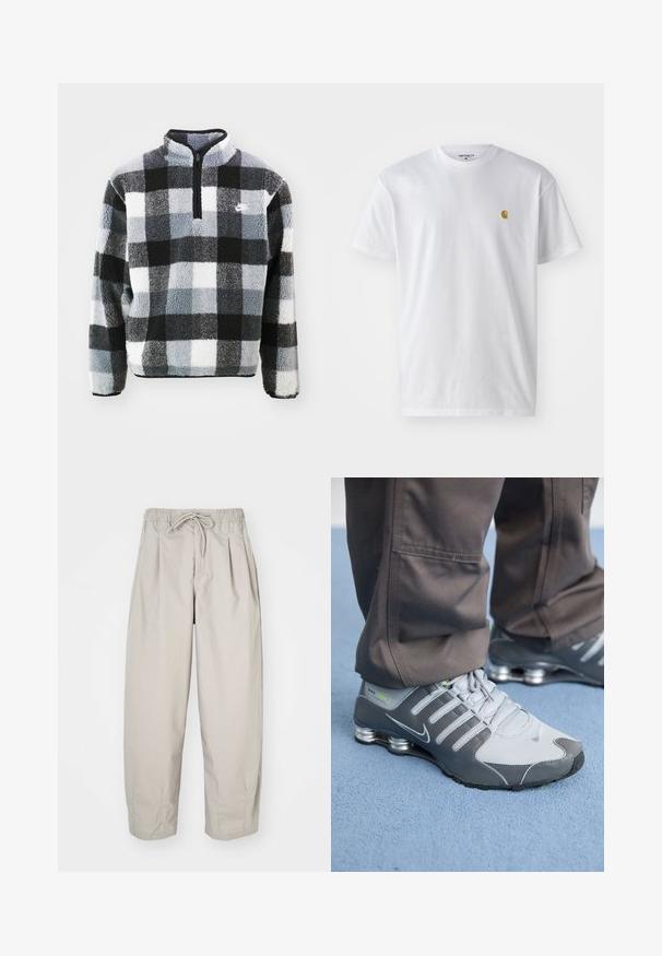 Sudadera de forro polar con media cremallera, que presenta un patrón de cuadros en negro, blanco y gris, superficie texturizada y pequeño logo en el pecho.; Camiseta de algodón blanca con mangas cortas, cuello redondo, que presenta un pequeño logo dorado en la parte izquierda del pecho. Textura suave y corte regular.; Pantalones ligeros color beige con cintura elástica y cordón de ajuste. Presentan pliegues y un corte holgado, elaborados con una tela suave y lisa.; Las zapatillas Nike Shox en gris y plata tienen un diseño elegante, con materiales de malla y sintéticos, punta redondeada y un collar acolchado.