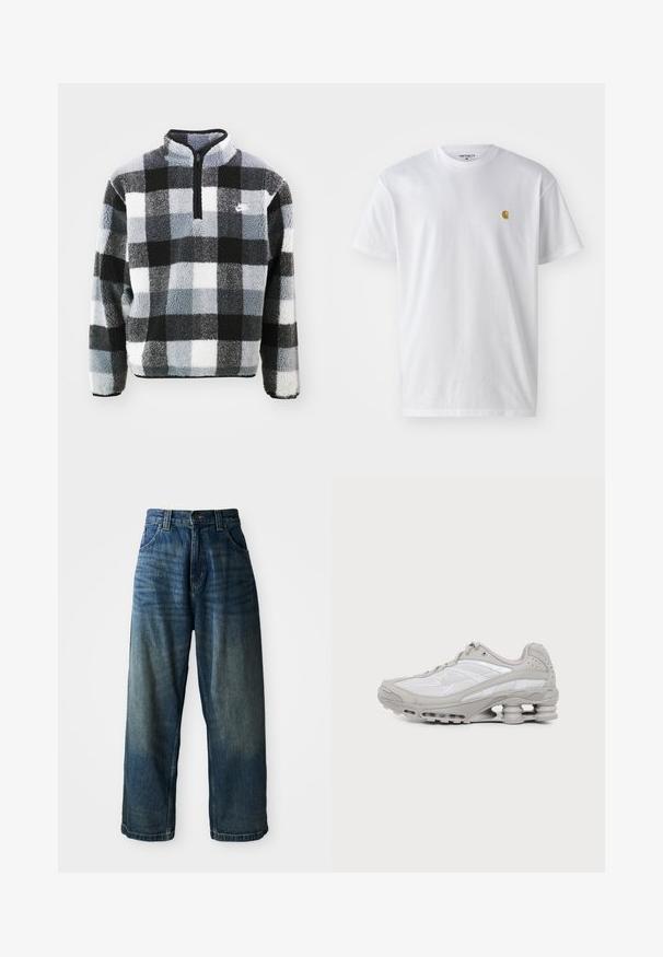 Sudadera de forro polar con media cremallera, que presenta un patrón de cuadros en negro, blanco y gris, superficie texturizada y pequeño logo en el pecho.; Camiseta de algodón blanca con mangas cortas, cuello redondo, que presenta un pequeño logo dorado en la parte izquierda del pecho. Textura suave y corte regular.; Jeans de mezclilla azul de pierna ancha con un acabado desgastado. Presenta cinco bolsillos, un cierre de botón y costuras en contraste. Tejido pesado.; Zapatilla deportiva gris y blanca con suela visible de amortiguación de aire y paneles de malla, mostrada de perfil sobre un fondo claro y sencillo.