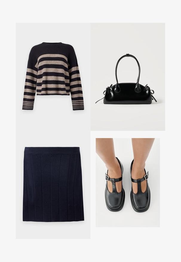 Strikket sweater med horisontale navy og beige striber, ribbet tekstur, rund halsudskæring og lange ærmer med stribede detaljer ved manchetterne.; Object OBJTHESS - Mini skirts - sky captain; Sorte lædersko med T-rem-design, lukket tå og sølvfarvede spændeaccenter. Glat tekstur med rundet tå og flad sål.; Lille sort blank håndtaske med to lange håndtag og snøre-detaljer i siden på en ensfarvet lys baggrund.