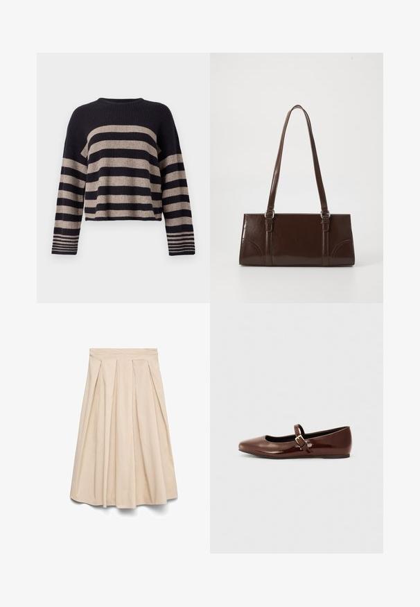 Jersey de punto con rayas horizontales en navy y beige, textura acanalada, cuello redondo y mangas largas con acentos a rayas en los puños.; Falda midi beige con cintura alta y plisados frontales, silueta acampanada y tela lisa.; Bailarina de charol marrón con punta cuadrada y tira que presenta una pequeña hebilla dorada. Textura suave, tacón bajo y diseño minimalista.; Bolso de mano de piel sintética marrón con forma rectangular, dos asas largas y sutiles acentos curvados en la parte delantera.