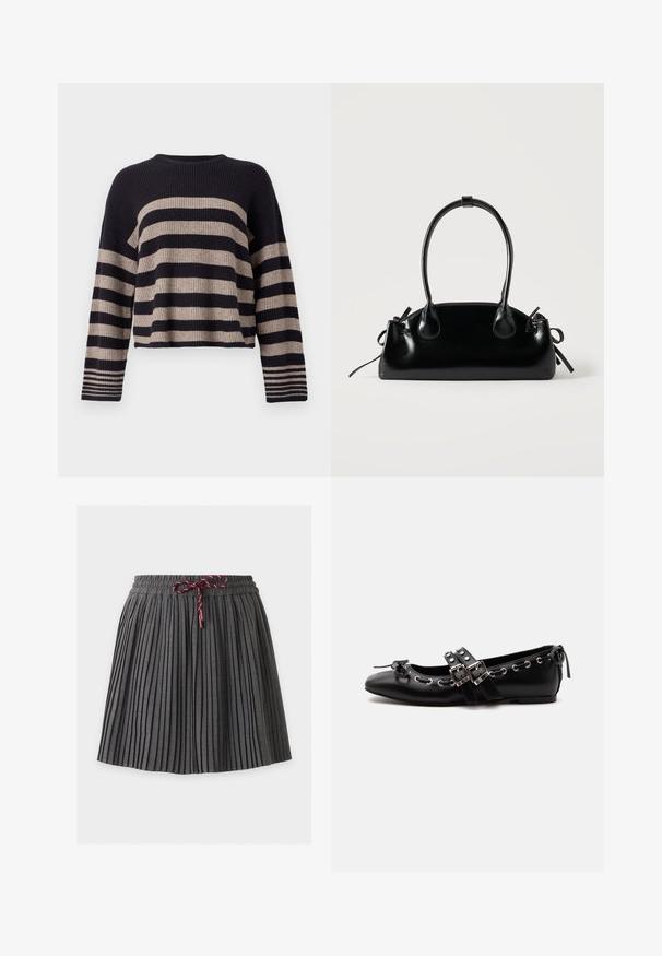 Jersey de punto con rayas horizontales en navy y beige, textura acanalada, cuello redondo y mangas largas con acentos a rayas en los puños.; Falda plisada gris oscuro con cintura elástica y cordón granate atado en el centro delantero.; Zapato de ballet plano negro con correas de doble hebilla, ojales plateados y un pequeño lazo cerca de la puntera redondeada sobre un fondo blanco.; Pequeño bolso negro brillante con dos asas largas y detalles de cordón lateral sobre un fondo claro liso.