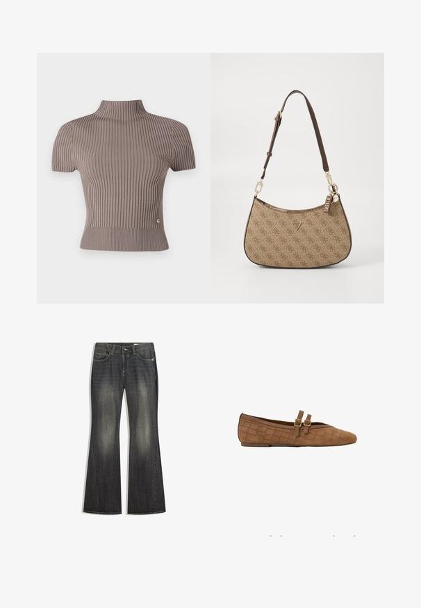 Grå ribbet kortærmet top med høj hals. Har en tætsiddende pasform og en lille logoaccent nær kanten. Glat tekstur.; Sorte denim jeans med flared ben og en let falming, fem lommer og kontraststing, med standard knap og lynlås lukning.; Brun flad sko med tekstureret mønster og to tynde remme fastgjort med små guldbukser, vist fra siden.; Brun canvas håndtaske med en buet form, præget logo mønster, læderkanter, justerbar rem og et metalskilt med mærkenavnet.