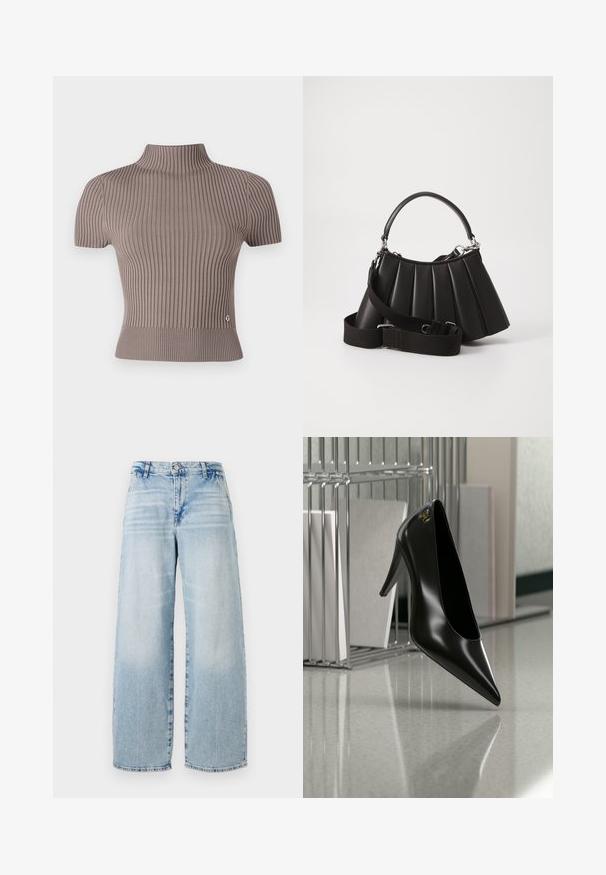 Haut gris à côtes à manches courtes avec un col haut. Présente une coupe ajustée et un petit logo près de l'ourlet. Texture lisse.; Jean en denim bleu clair à jambes larges avec une taille haute, effet de décoloration subtil, ourlet brut et design classique à cinq poches.; Chaussure noire à talon haut avec bout pointu et logo doré, posée sur une surface réfléchissante près d'un organiseur de dossiers en fil chromé contenant des documents.; Sac à main plissé noir avec une poignée arrondie, une bandoulière réglable et une texture brillante. Présente des accessoires en argent et une silhouette structurée.