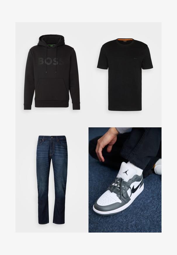 Sudadera negra de tela suave con un bolsillo tipo canguro en la parte frontal, capucha ajustable con cordones y un gran logo tonal de BOSS en el pecho.; Camiseta negra de manga corta hecha de una tela suave, con un escote redondo y un logo discreto en la parte delantera. El interior del cuello tiene un acento naranja.; Vaqueros de pierna recta azul oscuro con líneas horizontales desgastadas en los muslos, cierre frontal con botón y diseño clásico de cinco bolsillos.; Zapatillas Nike Air Jordan 1 en cuero blanco y gris, con un logo negro, punta perforada y cordones grises planos.