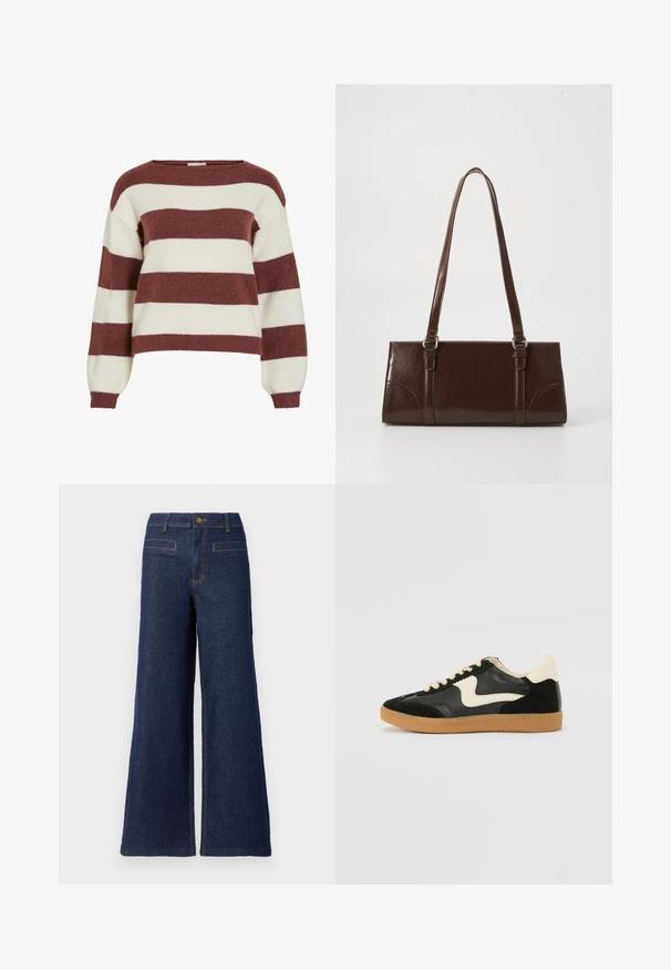 Pull rayé en bordeaux et crème, fabriqué dans un tricot doux et texturé. Présente un col large et des manches ballon avec des poignets côtelés.; Pantalons en denim à jambes larges de couleur bleu foncé, avec une taille haute, une fermeture par bouton supérieur et des coutures orange contrastantes. Deux poches arrière visibles.; Baskets en daim et cuir noir avec un swoosh latéral crème et un talon crème clair. Dotées de lacets beige et d'une semelle en caoutchouc gomme.; Sac à main en cuir verni marron de forme rectangulaire, avec deux longues poignées et des accents courbés subtils à l'avant.