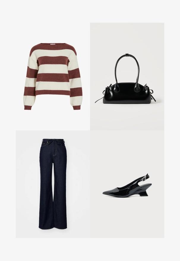 Pull rayé en bordeaux et crème, fabriqué dans un tricot doux et texturé. Présente un col large et des manches ballon avec des poignets côtelés.; Jean large en denim bleu foncé, avec une taille haute, des poches avant et une fermeture à lacer à la taille.; Chaussure slingback en cuir verni noir avec bout pointu et petit talon bloc incliné sur fond clair uni.; Petit sac à main noir brillant avec deux longues anses et des détails à cordon sur les côtés sur un fond clair uni.