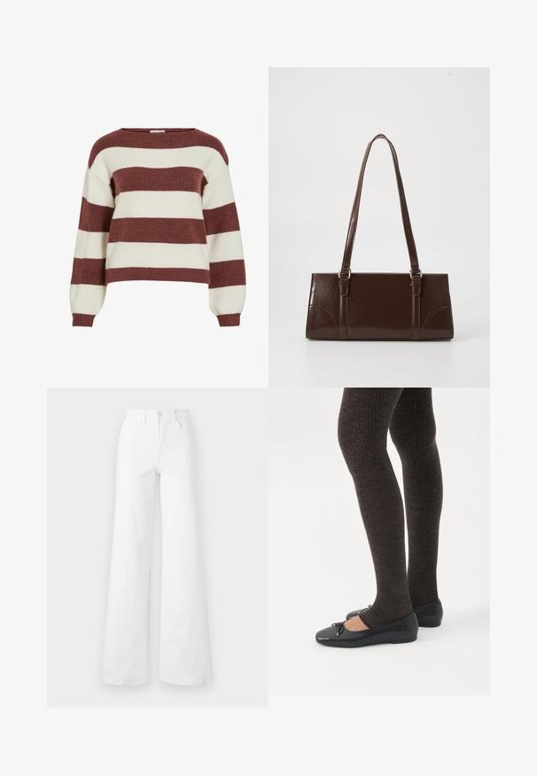Pull rayé en bordeaux et crème, fabriqué dans un tricot doux et texturé. Présente un col large et des manches ballon avec des poignets côtelés.; Jean large blanc en denim avec une taille haute, comportant des poches avant, des passants de ceinture et une fermeture à bouton. Texture lisse, sans motifs.; Jambes portant des leggings côtelés foncés associés à des ballerines noires avec de petits détails en nœud sur fond blanc.; Sac à main en cuir verni marron de forme rectangulaire, avec deux longues poignées et des accents courbés subtils à l'avant.