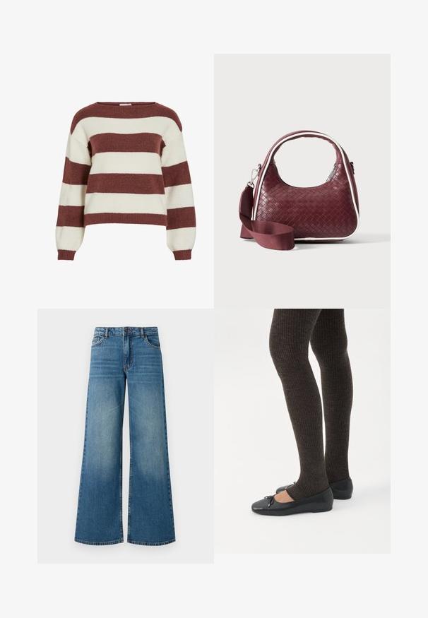 Pull rayé en bordeaux et crème, fabriqué dans un tricot doux et texturé. Présente un col large et des manches ballon avec des poignets côtelés.; Jeans en denim bleu à jambe large avec une finition délavée, design à cinq poches et taille standard avec un bouton en métal et une fermeture éclair.; Jambes portant des leggings côtelés foncés associés à des ballerines noires avec de petits détails en nœud sur fond blanc.; Sac à main en cuir tressé marron foncé avec poignée courbée, garniture blanche, fermeture éclair argentée et bandoulière large en tissu amovible sur fond uni.