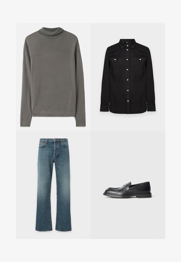Grå turtleneck sweater lavet af blødt, let stof. Har lange ærmer og en ribbet halsudskæring med en glat overflade hele vejen igennem.; Sort langærmet skjorte med knapper og spids krave samt to brystlommer foran, hver sikret med en hvid knap.; Blå denimjeans med let vidde forneden, klassisk fem-lomme design, knap- og lynlåslukning samt subtil falmen på lår.; Sorte læder loafers med en struktureret finish, der har en dekorativ frontrem og en rundet tå. Gummisål for holdbarhed.