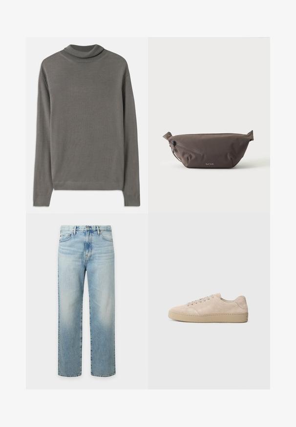 Pull à col roulé gris en tissu doux et léger. Présente des manches longues et un col côtelé avec une texture lisse sur l'ensemble.; Jeans en denim bleu clair à coupe droite avec poches avant, passants pour ceinture et fermeture par bouton.; Baskets en daim beige avec un bout rond, des lacets plats et une semelle en caoutchouc texturé. Design minimaliste avec des bords lisses et des coutures discrètes.; Sac banane en tissu marron foncé avec poche zippée en diagonale et petit logo blanc sur le devant, sur un fond clair uni.