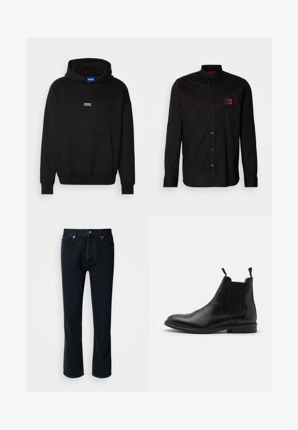 HUGO NAZARDO - Hoodie - black; Zwart shirt met lange mouwen van gladde stof, voorzien van een knoopsluiting, een klassieke kraag en een klein rood merklabel op de borst.; HUGO JONAH - Straight leg jeans - dark blue; Zwarte leren Chelsea boot met elastische zijpanelen, ronde neuzen, aantreklussen en een lage gestapelde hak. Glad materiaal en klassiek ontwerp.