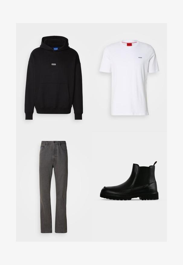 HUGO NAZARDO - Hoodie - black; Witte katoenen t-shirt met korte mouwen, een ronde halslijn en een klein zwart "HUGO" logo op de linkerkant van de borst. Voorzien van een rood etiket aan de binnenkant van de hals.; Grijze spijkerbroek met een rechte pijp, voorzien van voorzakken, een knoopsluiting en een subtiele textuur.; Zwarte leren enkellaars met een gestructureerde zool, elastische zijpanelen en een trekriempje op een lichtgrijze achtergrond.